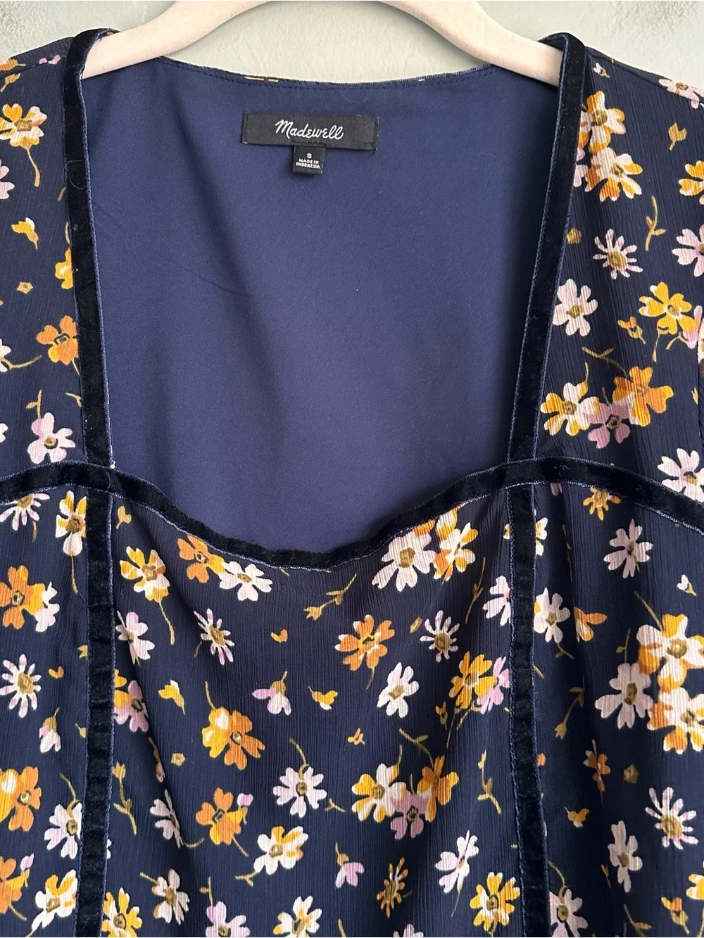Madewell Velvet Trim Square-Neck Navy Floral Romantic Peasant Blouse Top SM EUC